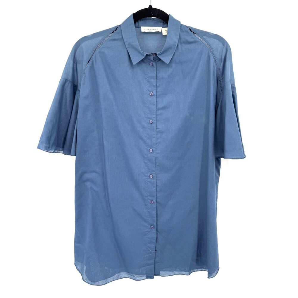 LIEBESKIND Cobalt Blue Lightweight Short Peplum Sleeve Button Down Top Size 2